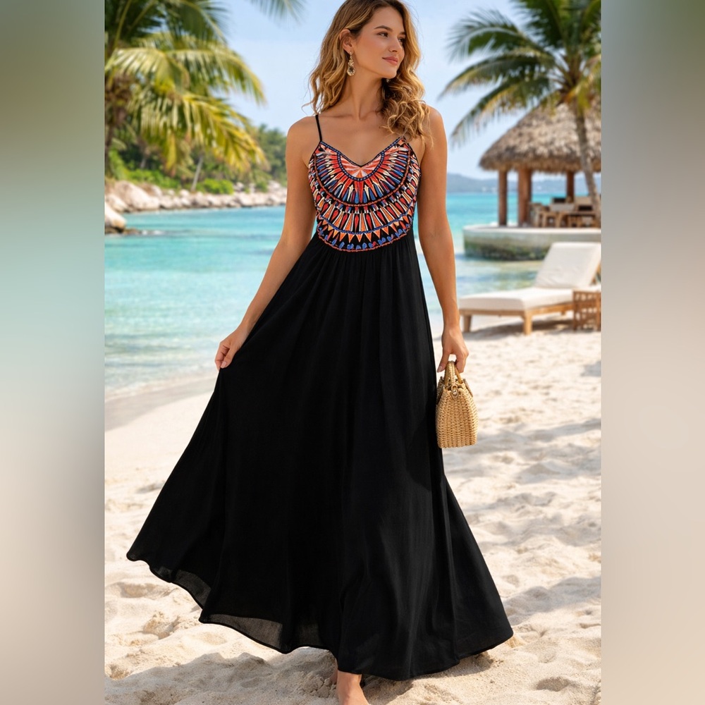 Beautiful Soieblu Black Maxi Dress with Multicolor Embroidered Bodice Size Small